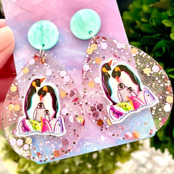 Lisa Frank Penguin and Dolphin Acrylic Earrings - Picture 1 of 5